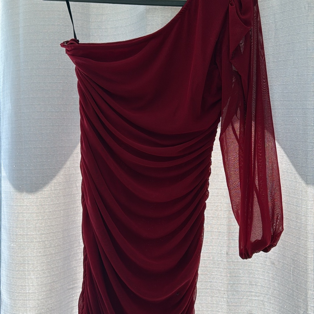 SHEIN Red One Shoulder Bodycon Dress with Bishop Sleeve